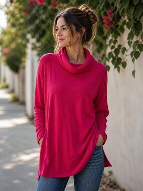 Anthro Saturday Sunday in Raspberry Funnel Neck Tunic Sweater Longline Cozy, S